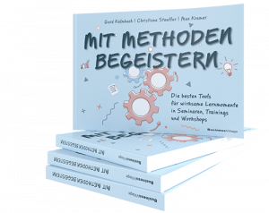Buchcover „Mit Methoden begeistern“ von Christiane Stauffer, Gerd Kalmbach und Max Kremer. Das Buch bietet effektive Tools für Kommunikations- und Trainingstechniken.